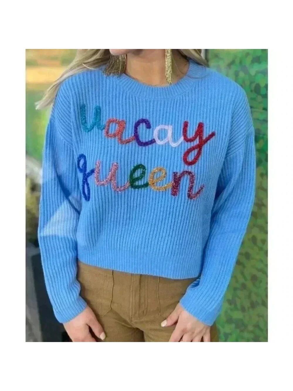 Queen of Sparkles Vacay Queen Blue Sweater Size XXL